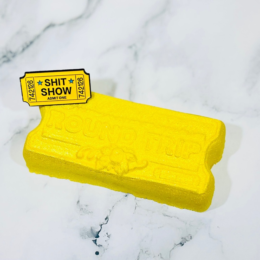 Golden Ticket-to the “Sh!t Show” Shaped Bath Bomb with keepsake Enamel Pin